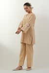 Shop_Vinusto_Beige , Cotton Embroidery V-neck Handwoven Kurta Set _Online_at_Aza_Fashions