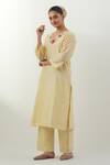 Vinusto_Yellow Chanderi Embroidery V-neck Butter Handwoven Set _at_Aza_Fashions