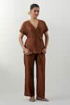 Buy_Vinusto_Brown Chanderi Embroidery V-neck Handwoven Top And Pant Set _at_Aza_Fashions