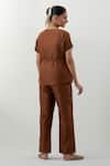 Shop_Vinusto_Brown Chanderi Embroidery V-neck Handwoven Top And Pant Set _at_Aza_Fashions