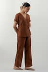 Vinusto_Brown Chanderi Embroidery V-neck Handwoven Top And Pant Set _Online_at_Aza_Fashions