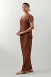 Shop_Vinusto_Brown Chanderi Embroidery V-neck Handwoven Top And Pant Set _Online_at_Aza_Fashions