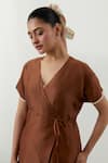 Vinusto_Brown Chanderi Embroidery V-neck Handwoven Top And Pant Set _at_Aza_Fashions