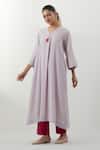 Vinusto_Lavender Cotton Embroidery, Lace V-neck Hand Kurta Set _Online_at_Aza_Fashions