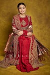 Shop_Torani_Red Muslin, Silk Embroidery Round Neck Shamse Arshi Jacket Set _at_Aza_Fashions