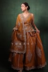 Shop_Torani_Yellow Silk, Organza Sequins, Embroidery V-neck Ochre Lehenga Set _Online_at_Aza_Fashions