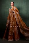 Torani_Yellow Silk, Organza Sequins, Embroidery V-neck Ochre Lehenga Set _at_Aza_Fashions