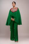 Buy_Anamika Khanna_Emerald Green Round Neck Embroidered Cape And Pant Set _at_Aza_Fashions