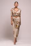 Buy_Anamika Khanna_Ivory Embroidery V-neck Draped Skirt And Jacket Set _Online_at_Aza_Fashions