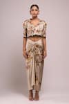 Anamika Khanna_Ivory Embroidery V-neck Floral Draped Skirt And Jacket Set _at_Aza_Fashions