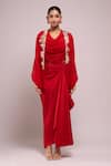Anamika Khanna_Red Embroidery Asymmetric, Open Neck Draped Skirt And Top With Jacket _at_Aza_Fashions