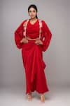 Buy_Anamika Khanna_Red Embroidery Asymmetric, Open Neck Draped Skirt And Top With Jacket _at_Aza_Fashions