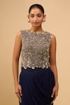Anamika Khanna_Blue Sequins, Beads Round Neck Indigo Embroidered Skirt Set _Online_at_Aza_Fashions