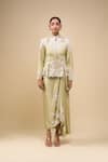 Anamika Khanna_Green Silk Embroidery Mandarin Collar Lime Peplum Top Set _Online_at_Aza_Fashions