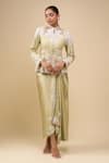 Buy_Anamika Khanna_Green Silk Embroidery Mandarin Collar Lime Peplum Top Set _Online_at_Aza_Fashions