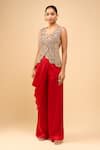 Anamika Khanna_Beige Embroidery V-neck Red Waistcoat And Pant Set _Online_at_Aza_Fashions