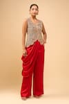 Anamika Khanna_Beige Embroidery V-neck Red Waistcoat And Pant Set _at_Aza_Fashions