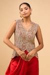 Buy_Anamika Khanna_Beige Embroidery V-neck Red Waistcoat And Pant Set 