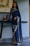 Buy_House Of Kotwara_Blue Georgette, Cotton Sequins, Beads Round Neck Royal Art Deco Saree Set _at_Aza_Fashions