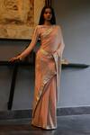 Buy_House Of Kotwara_Peach Georgette, Cotton Sequins, Embroidery Vintage Rose Art Deco Saree Set _at_Aza_Fashions