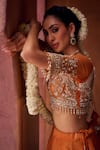 Kapda Dori_Rust Tissue Sequins, Pearls Sweetheart Neck Orange Embellished Lehenga Set _at_Aza_Fashions