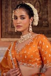 Buy_Kapda Dori_Rust Mirrors, Sequins, Pearls Round Neck Orange Banarsi Silk Lehenga Set _Online_at_Aza_Fashions