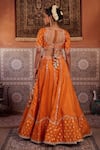 Shop_Kapda Dori_Rust Mirrors, Sequins, Pearls Round Neck Orange Banarsi Silk Lehenga Set _at_Aza_Fashions