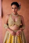 Buy_Kapda Dori_Silk, Organza Sequins Halter Neck Sage Green And Mustard Designer Lehenga Set 
