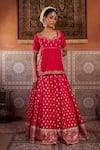 Shop_Kapda Dori_Fuchsia Silk Pearls, Sequins, Embroidery Round Neck Pink Dabka Lehenga Set _Online_at_Aza_Fashions