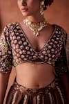 Buy_Kapda Dori_Brown Organza Beads, Sequins, Pearls, Embroidery, Zari V-neck Lehenga Set _Online_at_Aza_Fashions