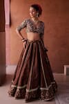 Shop_Kapda Dori_Brown Organza Beads, Sequins, Pearls, Embroidery, Zari V-neck Lehenga Set _Online_at_Aza_Fashions