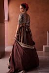 Kapda Dori_Brown Organza Beads, Sequins, Pearls, Embroidery, Zari V-neck Lehenga Set _Online_at_Aza_Fashions