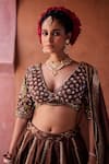 Kapda Dori_Brown Organza Beads, Sequins, Pearls, Embroidery, Zari V-neck Lehenga Set _at_Aza_Fashions