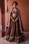 Buy_Kapda Dori_Brown Organza Beads, Sequins, Pearls, Embroidery, Zari V-neck Lehenga Set _at_Aza_Fashions