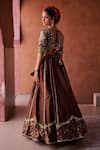 Buy_Kapda Dori_Brown Organza Beads, Sequins, Pearls, Embroidery, Zari V-neck Lehenga Set 