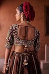 Shop_Kapda Dori_Brown Organza Beads, Sequins, Pearls, Embroidery, Zari V-neck Lehenga Set 