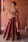 Buy_Kapda Dori_Maroon Sequins, Embroidery, Mirrors Plunge Neck Work Lehenga Set _at_Aza_Fashions