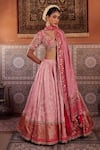 Kapda Dori_Fuchsia Sequins, Pearls V-neck Banarsi Silk Lehenga Set _at_Aza_Fashions