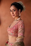 Buy_Kapda Dori_Green Organza, Silk Sequins, Pearls, Sage And Fuchsia Embroidered Lehenga Set _Online_at_Aza_Fashions