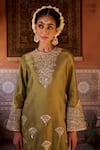 Kapda Dori_Green Organza, Silk Sequins, Embroidery Round Neck Sage And Mustard Kurta Set _Online_at_Aza_Fashions