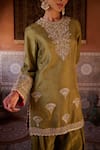 Buy_Kapda Dori_Green Organza, Silk Sequins, Embroidery Round Neck Sage And Mustard Kurta Set _Online_at_Aza_Fashions