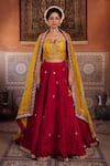Buy_Kapda Dori_Mustard Organza, Silk Sequins, Zari, Beads Yellow And Raspberry Wine Lehenga Set _at_Aza_Fashions
