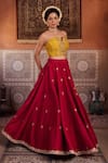 Buy_Kapda Dori_Mustard Organza, Silk Sequins, Zari, Beads Yellow And Raspberry Wine Lehenga Set 