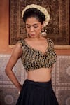 Buy_Kapda Dori_Black Georgette Sequins, Crystals, Pearls V-neck Upada Silk Lehenga Set _Online_at_Aza_Fashions