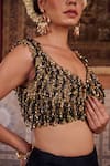 Shop_Kapda Dori_Black Georgette Sequins, Crystals, Pearls V-neck Upada Silk Lehenga Set _Online_at_Aza_Fashions