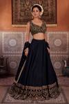 Shop_Kapda Dori_Black Georgette Sequins, Crystals, Pearls V-neck Upada Silk Lehenga Set 