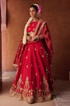 Buy_Kapda Dori_Red Tissue Sequins, Stones, Pearls Round Redish Coral Embroidered Lehenga Set _at_Aza_Fashions