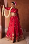 Shop_Kapda Dori_Red Tissue Sequins, Stones, Pearls Round Redish Coral Embroidered Lehenga Set _Online_at_Aza_Fashions