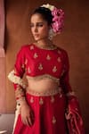Kapda Dori_Red Tissue Sequins, Stones, Pearls Round Redish Coral Embroidered Lehenga Set _at_Aza_Fashions