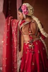 Kapda Dori_Red Tissue Sequins, Stones, Pearls Round Redish Coral Embroidered Lehenga Set _Online